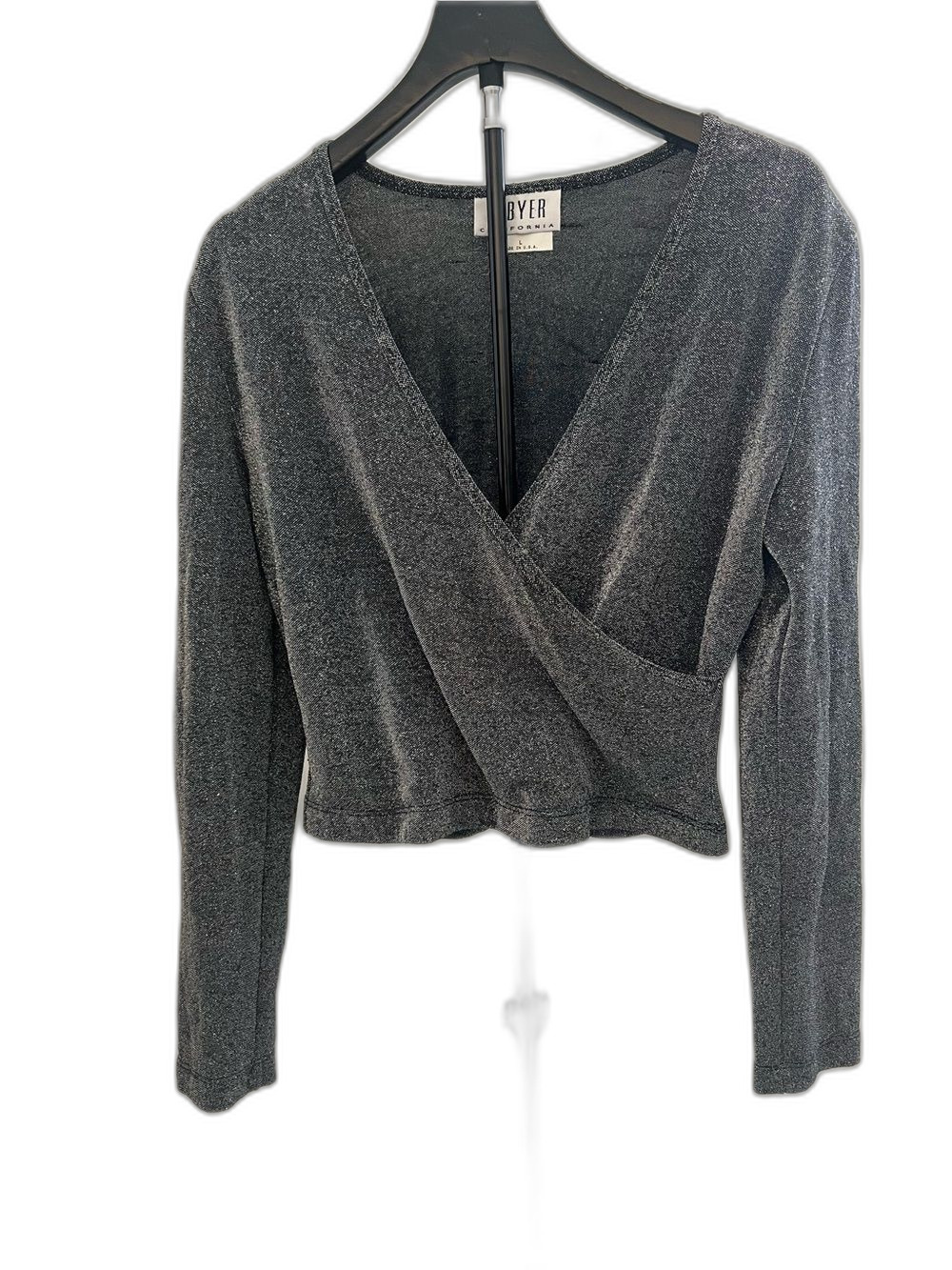 A. Byer Black & Silver Sparkle Faux Wrap Top - Juniors L